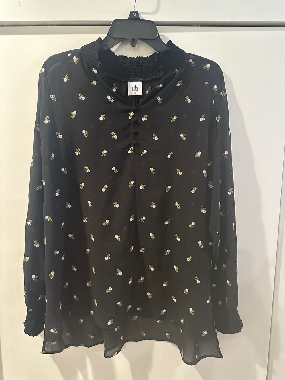 CAbi Black Floral Tie-Neck Blouse
